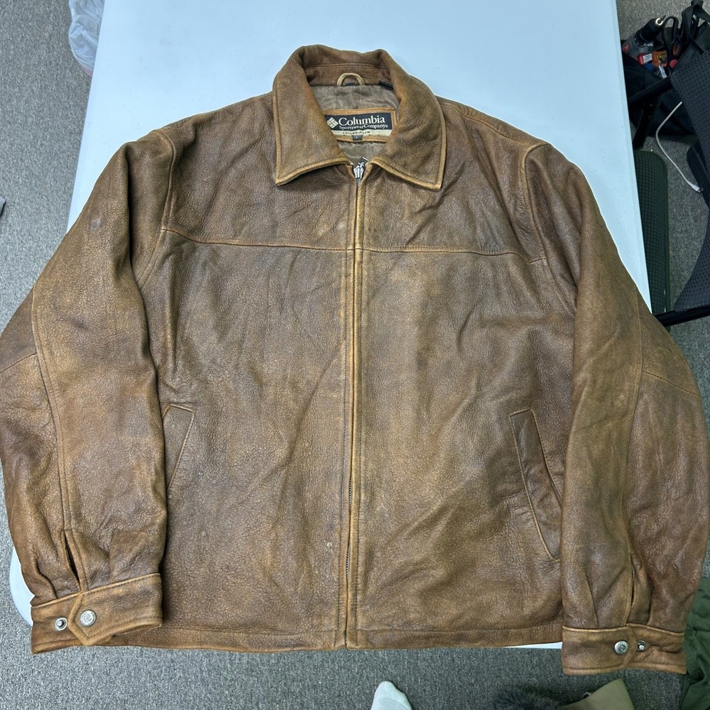 Columbia Leather Jacket Mens Large Brown Distressed Full Zip Rugged Coat H1